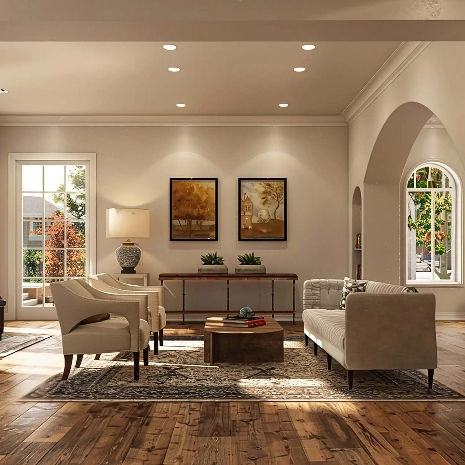 Warm 2 BHK living room interior design with classic seating and natural light