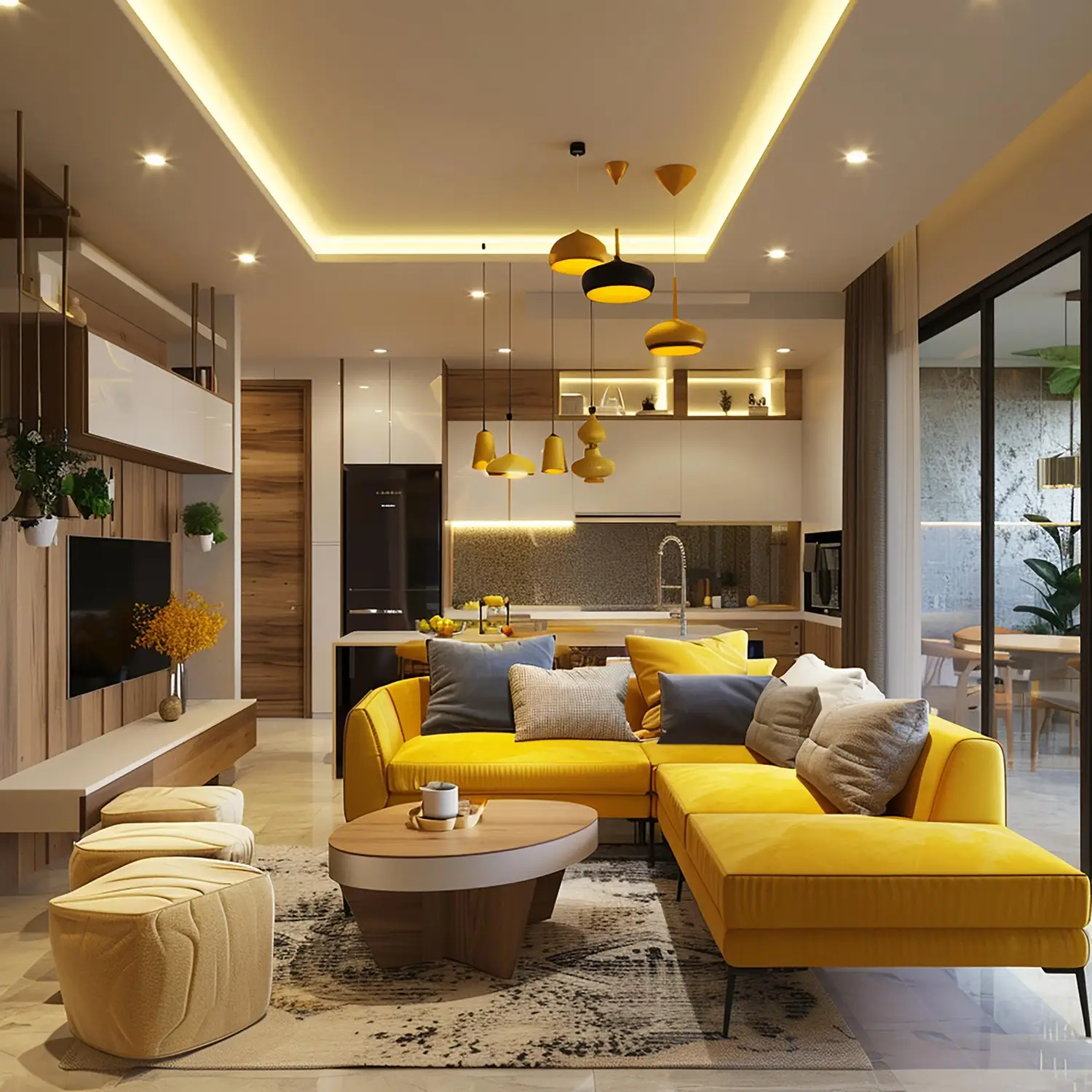 3 BHK living room with open kitchen, yellow sofa and modern lighting