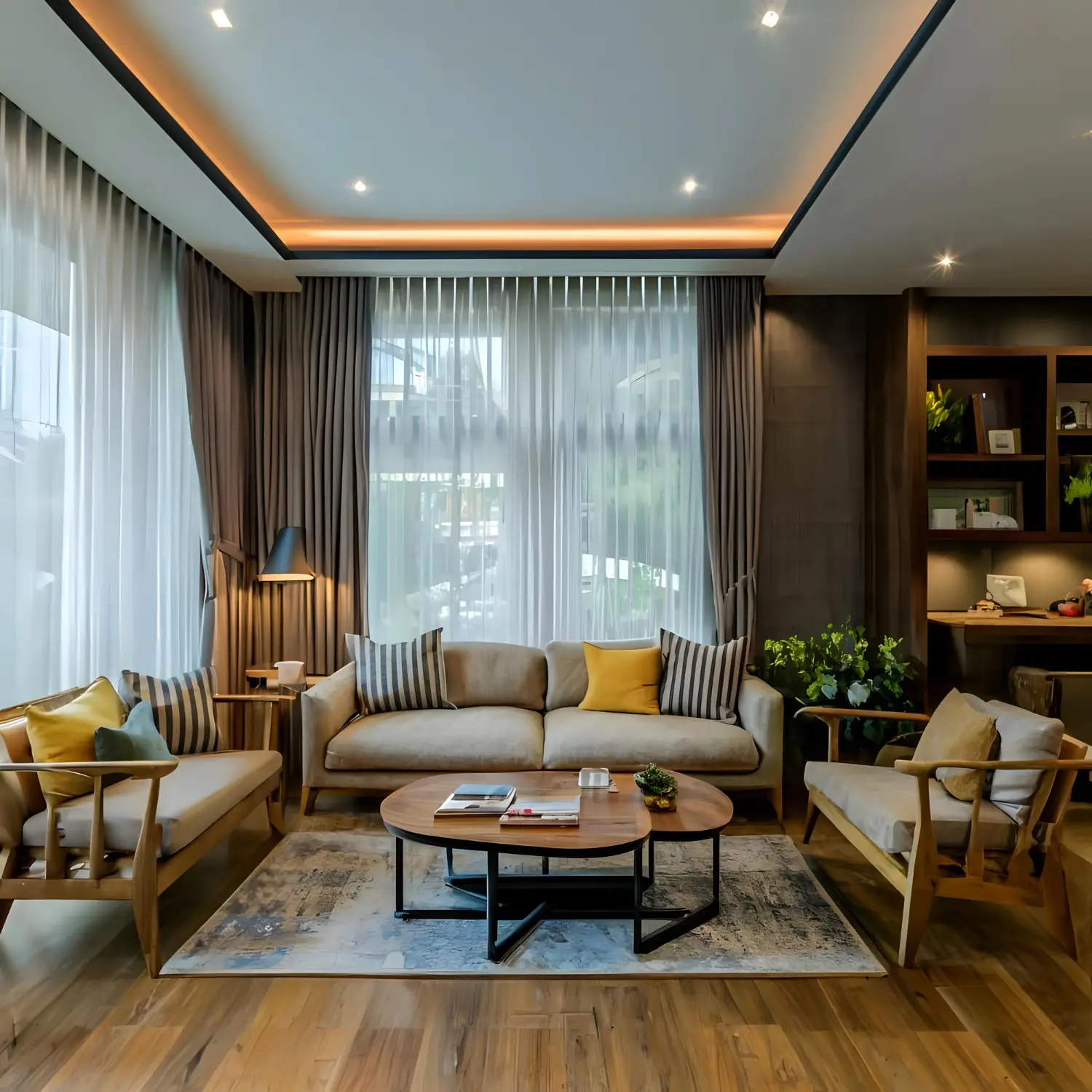 4 BHK luxury living room interior with warm lighting, curtains and modern seating