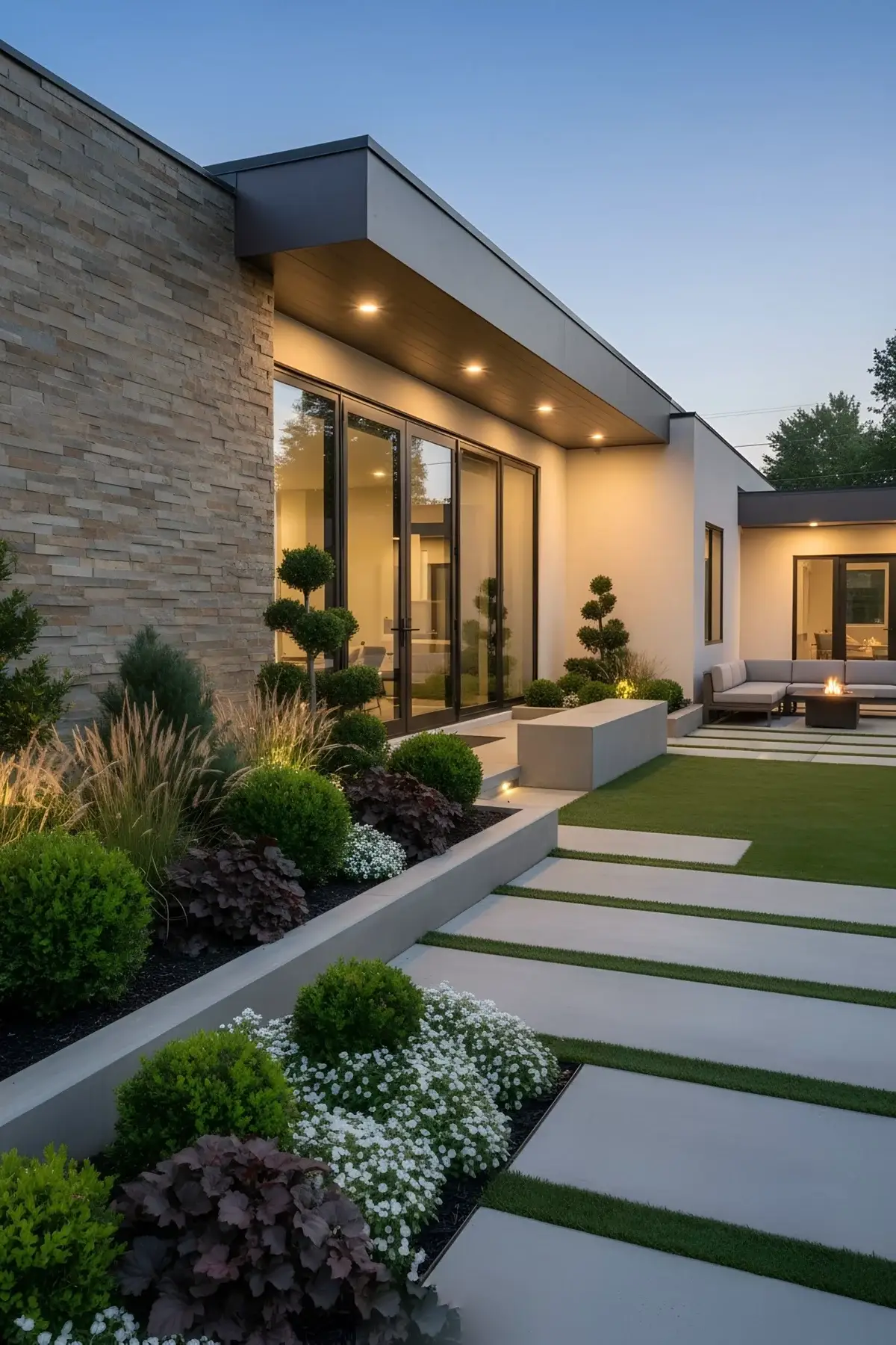modern home exterior landscape design with stone wall, garden planting and stepped concrete pathway